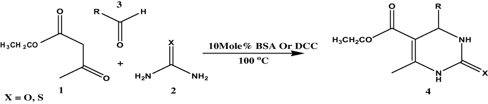 Synthesis of 3,4-dihydropyrimidinones/thiones catalyzed by BSA or DCC under solvent free conditions.
