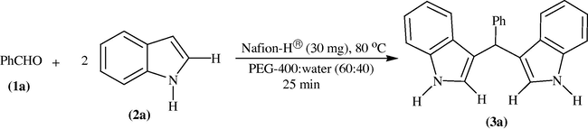 Nafion-H® catalyzed model reaction for the synthesis of bis(indolyl)methanes.