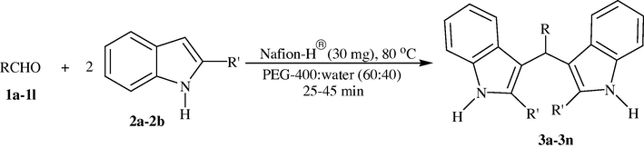 Nafion-H® catalyzed synthesis of bis(indolyl)methane derivatives.