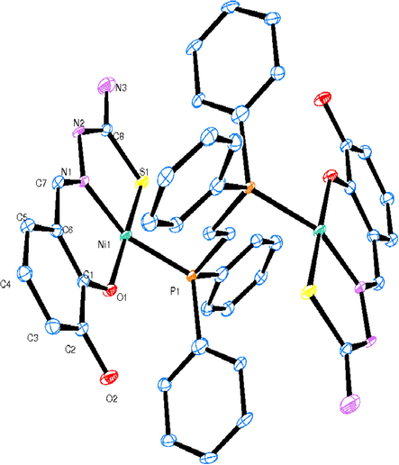 Crystal structure of complex 1. The thermal ellipsoids are plotted at the 30% probability level. Hydrogen atoms and DMF solvent are omitted for clarification.