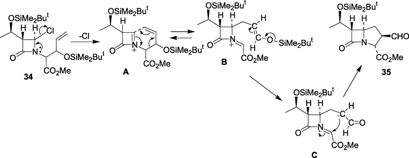 Plausible mechanism for the AgBF4-catalysed alkene-aza-Cope-Mannich cyclisation of 34.