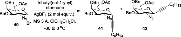 Synthesis of α-C-glycopyranosides via AgBF4-promoted alkynylation at the anomeric centre.
