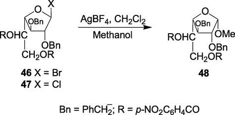 Methanolysis of 2–o-benzylated d-galactofuranosyl halides.