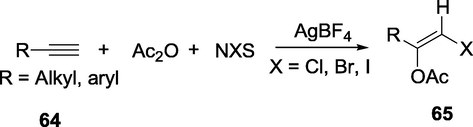 Highly regio- and stereo-selective synthesis of (Z)-β-haloenol acetates.