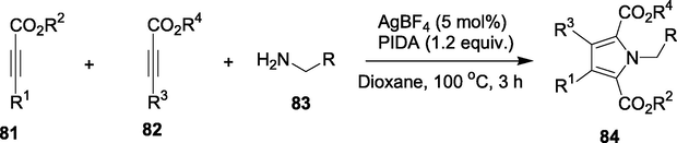 Synthesis of poly-substituted pyrroles from various alkynoates and amines.