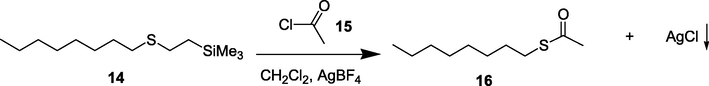 Conversion of 2-(trimethylsilyl)ethyl sulphide into a thioester.