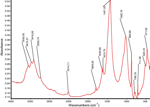 FTIR spectrum of urinary stone section containing calcite + whewellite.