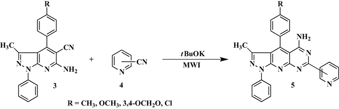 Synthesis of pyrazolo[4′,3′:5,6]pyrido[2,3-d]pyrimidine derivatives 5.