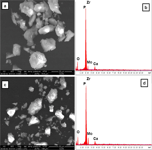 (a and b) Scanning electron micrographs and EDAX spectrum of Ca0.8Zr4Mo0.2P5.8O24 ceramic phases. (c and d) Scanning electron micrographs and EDAX spectrum of Ca0.4Zr4Mo0.6P5.4O24 ceramic phases.