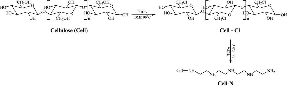 Synthetic route followed to obtain Cell-Cl and Cell-N from cellulose.