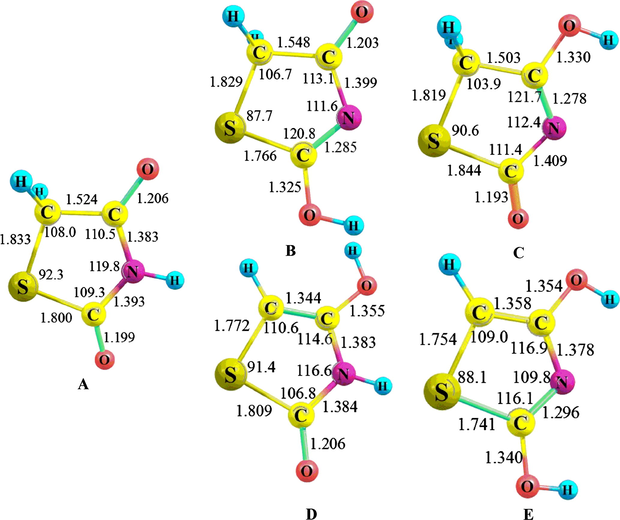 Optimized geometrical structures of the thiazolidine-2,4-dione compound (A) and its tautomers (B-E).