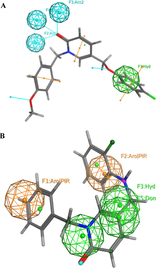 The 3D-QSAR pharmacophore model based aligned compounds for A549 (A) and NIH3T3 (B).