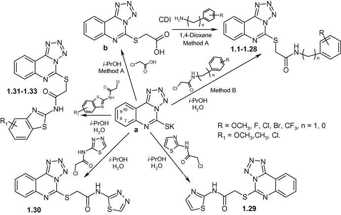 Synthesis of N-aryl(benzyl,heteryl)-2-(tetrazolo[1,5-c]quinazolin-5-ylthio)acetamides.