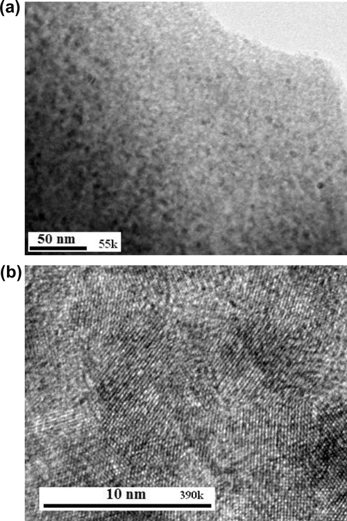 TEM (a) and HRTM (b) micrographs of the sol–gel derived nanocrystalline MgO (NC-MgO).