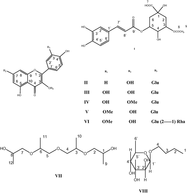 Structure of compounds I–VIII isolated from Carissa edulis.