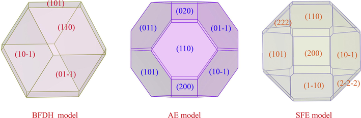 The crystal habits of iron simulated by three different models.