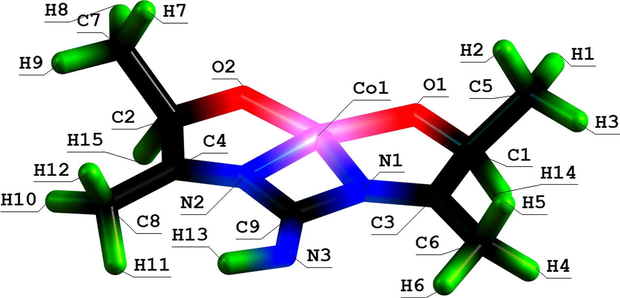 Molecular structure of (545) oxaazamacrotricyclic Co(II) chelate with 3,7-dimethyl-4,6-diazanonen-3,6-diol-2,8.