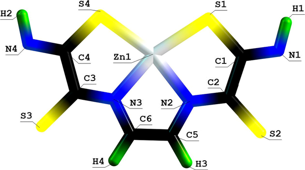 Molecular structure of (555) thia-azamacrotricyclic Zn(II) chelate with 2,7-dithio-3,6-diazaoctadien-3,5-dithioamide-1,8.