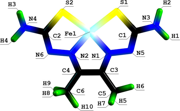 Molecular structure of (555) thia-azamacrotricyclic Ni(II) chelate with 4,5-dimethyl-1,8-dimercapto-2,3,6,7-tetraazaocta-tetraen-1,3,5,7-diamine-1,8.