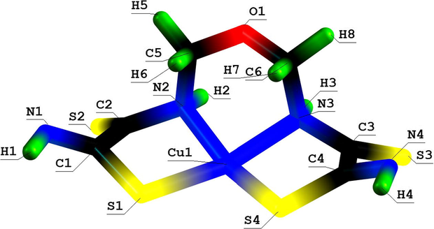 Molecular structure of (565) oxathiaazamacrotricyclic Cu(II) chelate with 2,8-dioxa-3,7-diaza-5-oxanonandithioamide-1,9.