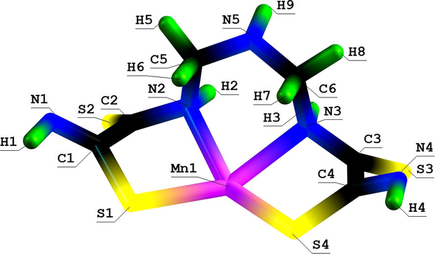 Molecular structure of (565) thia azamacrotricyclic Mn(II) chelate with 2,8-dithio-3,5,7-triazanonandithioamide-1,9.