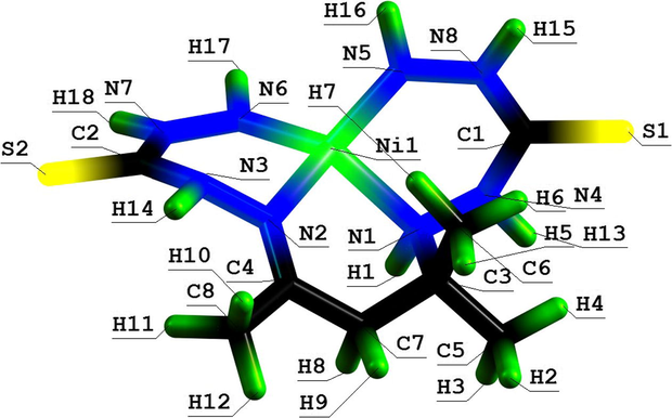 Molecular structure of (666) aza-macrotricyclic Ni(II) chelate with 3,9-dithio-4,8-diaza-6-oxaundecanedithioamide-1,11.