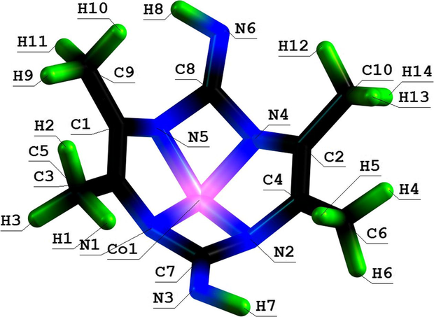 Molecular structure of (5454) aza-macrotetracyclic Co(II) chelate with 4,5,9,10-tetramethyl-1,3,6,8-tetrazacyclodecadien-5,8-diimine-2,7.