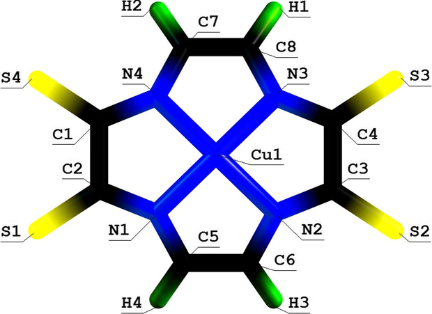 Molecular structure of (5555) aza-macrotetracyclic Cu(II) chelate with 1,4,7,10-tetraazadodecatriene-1,3,8-tetrathione-5,6,11, 12.