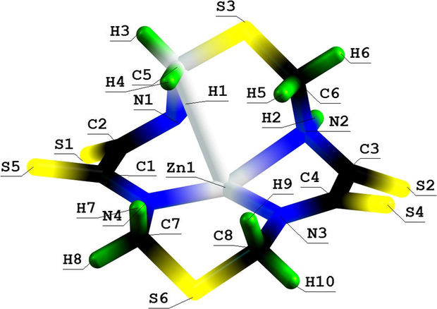 Molecular structure of (5656) thia azamacrotetracyclic Zn(II) chelate with 1,8-dithia-3,6,10,13-tetraazacyclotetradecanetet-rathione-4,5,11,12.