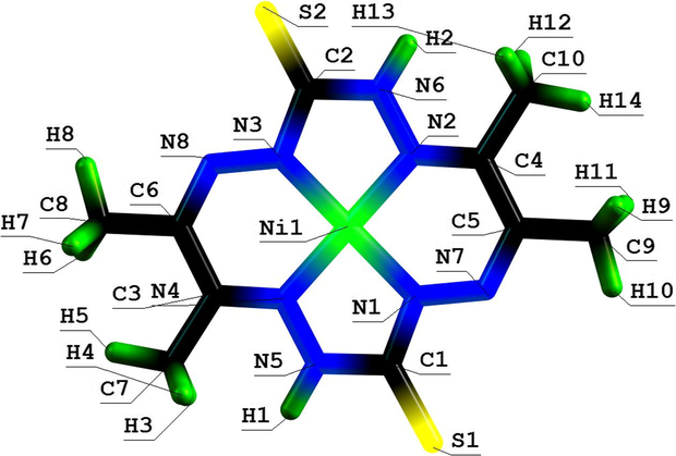 Molecular structure of (5656) azamacrotetracyclic Ni(II) chelate with 3,10-dithio-6,7,13,14-tetramethyl-1,2,4,5,8,9,11, 12-octaazacyclotetradecanetetraene-1,5,7,12.