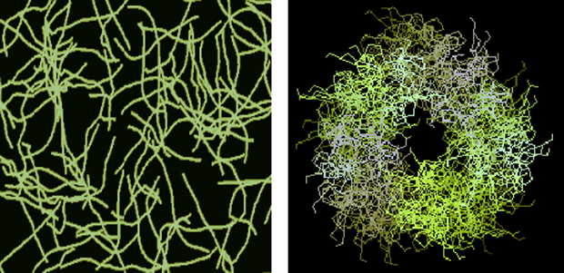 The fragment of gelatin structure containing intermolecular cavities (left); the general plane of intermolecular cavity in which can be nanoparticles of various chemical compounds formed in chemical processes in the gelatin matrix (right).