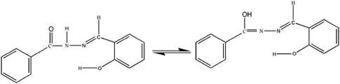 Keto- and enol-forms of N-(2-hydroxysalicyliden-1-yl)methylenebenzoylhydrazide.
