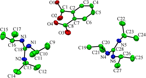 Molecular configuration and atom naming scheme for the two guanidinium cations (A and B) and the phthalate dianion in the asymmetric unit. Displacement ellipsoids are drawn at the 50% probability level. Hydrogen atoms omitted for clarity.