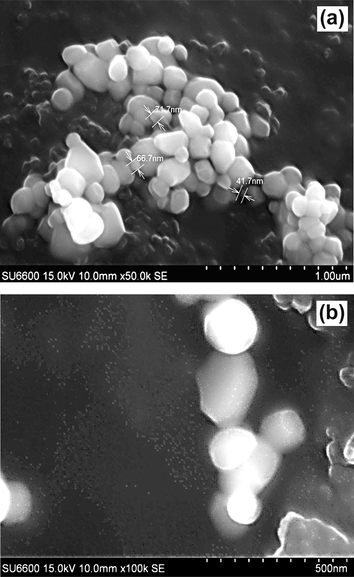 FE-SEM images of TiO2 Wackherr (a) 50 k and (b) 100 k.
