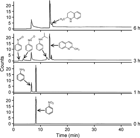 GC–MS chromatograms at different reaction times for the photocatalytic conversion of nitrobenzene.