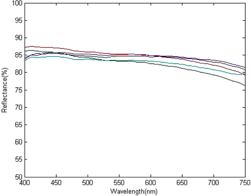 Spectral reflectance for five selected samples.