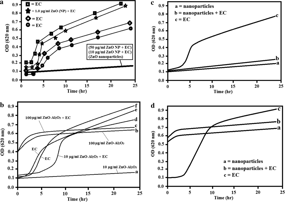 Growth curve of E. coli ATCC 25922: (a) in the presence of ZnO nanoparticles at concentrations of 1.0, 10.0 and 50.0 μg/ml with their positive control (only bacteria), respectively and ZnO nanoparticles only as a negative control, (b) in the presence of ZnO–Al2O3 nanoparticles at concentrations of 100 and 10 μg/ml, with only bacteria and only ZnO–Al2O3 nanoparticles respectively. The growth curve for E. coli O157:H7: (c) in the presence of ZnO nanoparticles at concentration of 50.0 μg/ml, only bacteria, and only nanoparticles (d) in the presence of ZnO–Al2O3 nanoparticles at concentration of 100 μg/ml, only bacteria, and only ZnO–Al2O3 nanoparticles.