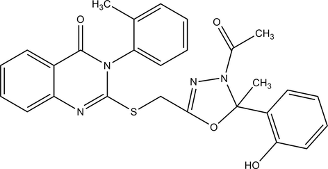 Structure of 2-((4-acetyl-5-(2-hydroxyphenyl)-5-methyl-4,5-dihydro-1,3,4-oxadiazol-2-yl)methylthio)-3-o-tolylquinazolin-4(3H)-one (PDI–C).