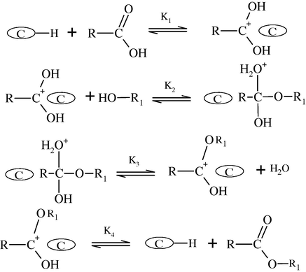 Reaction mechanism for the esterification of propionic acid with n-butanol over Bronsted acid sites. R: CH3CH2−; R1: CH3CH2CH2CH2.