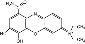 The open molecular structure of Celestine Blue (CB+ or H2In+Cl−).