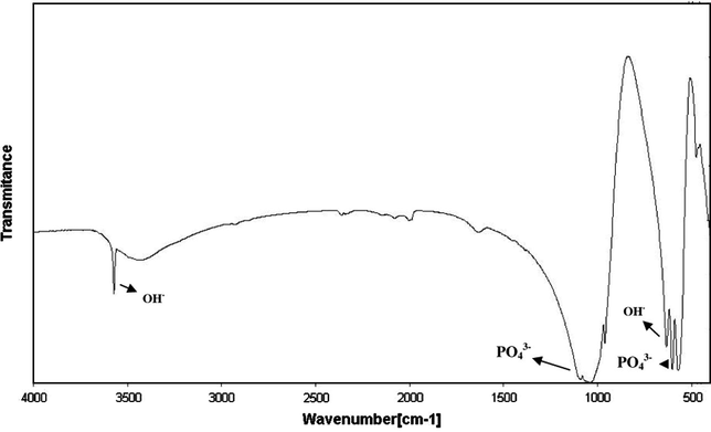 FTIR Spectroscopy analysis of the nano hydroxyapatite powder after drying at 100 °C.