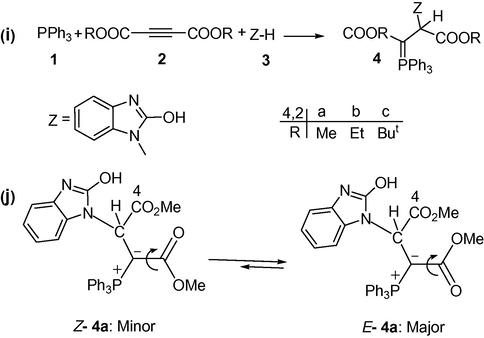 (i) The reaction between triphenylphosphine 1, dialkyl acetylenedicarboxylate 2 (2a or 2b) and 2-hydroxybenzimidazole 3 for generation of stable phosphorus ylides 4 (4a or 4b), (j) The two rotational of isomers E-4a and Z-4a (major and minor, respectively) for ylide 4a.