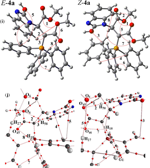 (i) Intramolecular hydrogen bonds (dotted lines) in the two E-4a and Z-4a geometrical isomers of stable ylide 4a, (j) A Part of molecular graphs, including intramolecular hydrogen bond at critical points (BCPs) for the two rotational isomers such as E-4a and Z-4a. Small red spheres, and lines corresponding to BCPs bond paths, respectively.