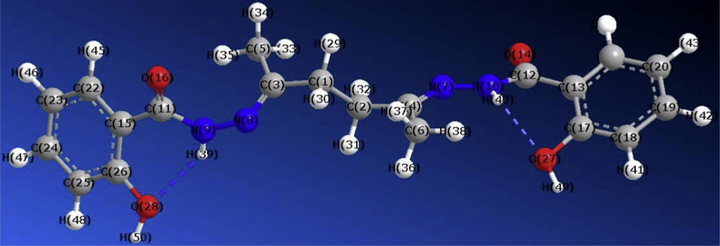 Molecular modeling of H4L using HyperChem 7.5 program optimized using molecular mechanics (MM+) at PM3 using the Polak-Ribiere algorithm.