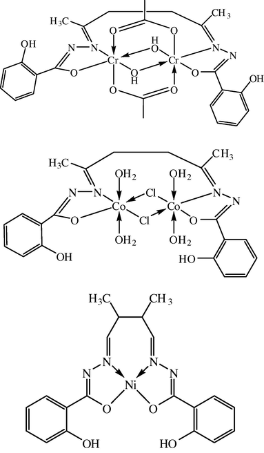 Structures of [Cr2(H2L)(OAc)2(OH)2]·2H2O, [Co2(H2L1)(H2O)4Cl2]·2H2O and [Ni((H2L)]·3H2O.