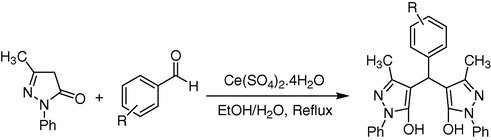 Synthesis of 4,4′-(arylmethylene)bis(3-methyl-1-phenyl-1H-pyrazol-5-ol) using cerium (IV) sulfate.