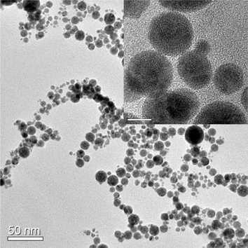 TEM image of Pt-Au nanoparticles after irradiating the precursor solution with PVP for 30 min. (Inset: HRTEM image).