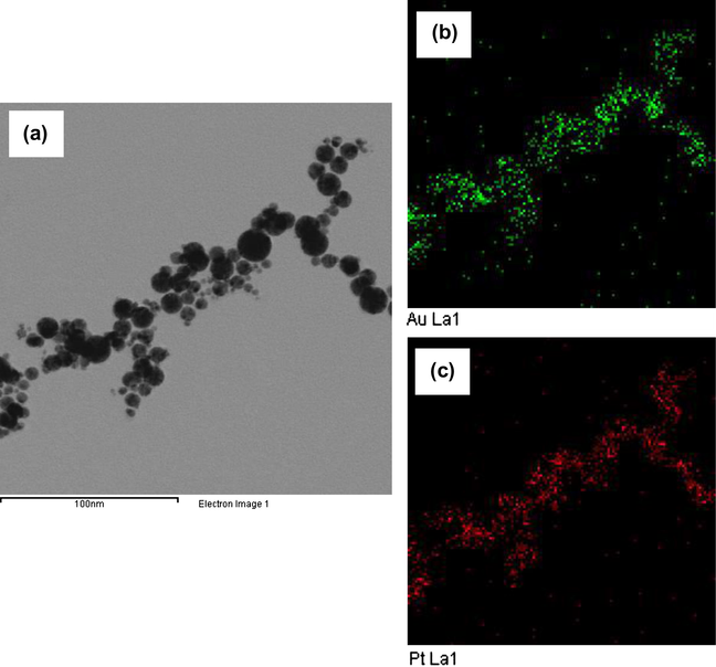 Energy-dispersive X-ray (EDS) mapping of bimetallic Pt–Au nanoparticles formed by irradiating the precursor solution with PVP for 30 min.