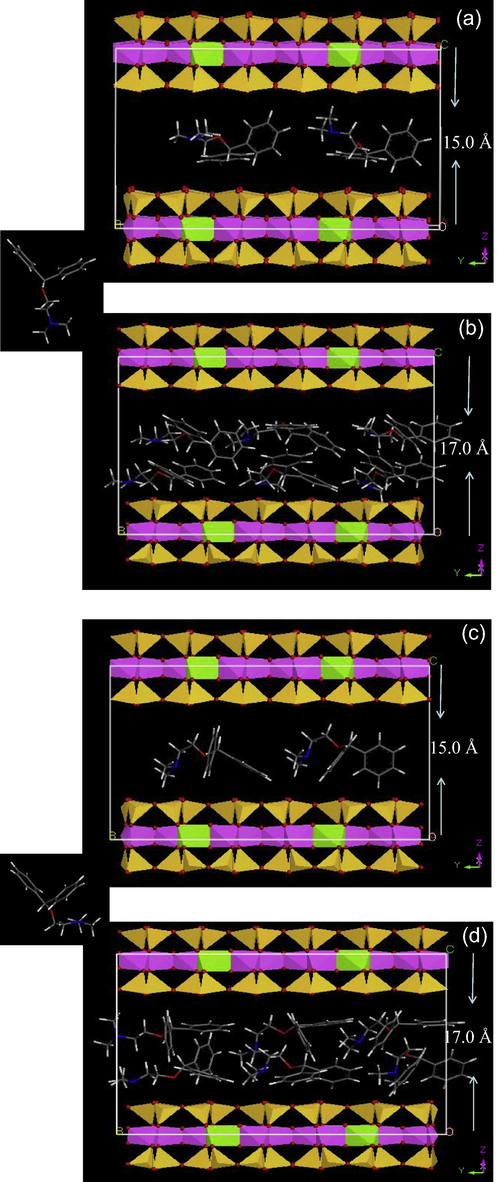 Molecular dynamic simulation showing the configuration of DPH in the interlayer of SAz-1 under low (a, c) and high (b, d) amounts of DPH uptake using extended (a, b) and folded DPH conformation (c, d).
