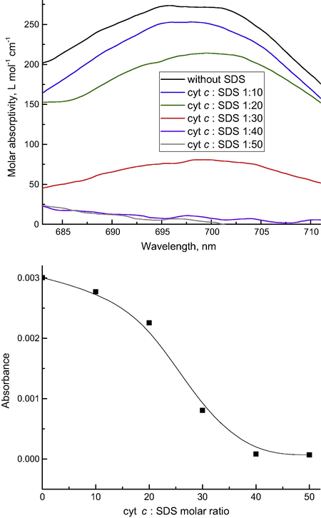Changes in cytochrome c band at 695 nm (2.0 × 10−5 mol L−1) in the presence of sodium dodecyl sulfate (SDS) by thermal lensing. Above: absorptions spectra, the black curve shows the original spectrum of cytochrome c, and other spectra correspond to cytochrome c and SDS mixtures. The molar ratios of cytochrome c and SDS are 1:10 (blue); 1:20 (green); 1:30 (red); 1:40 (magenta); and 1:50 (gray). Below are the changes in absorbance calculated from TLS vs. the ratio of SDS and cyt c.